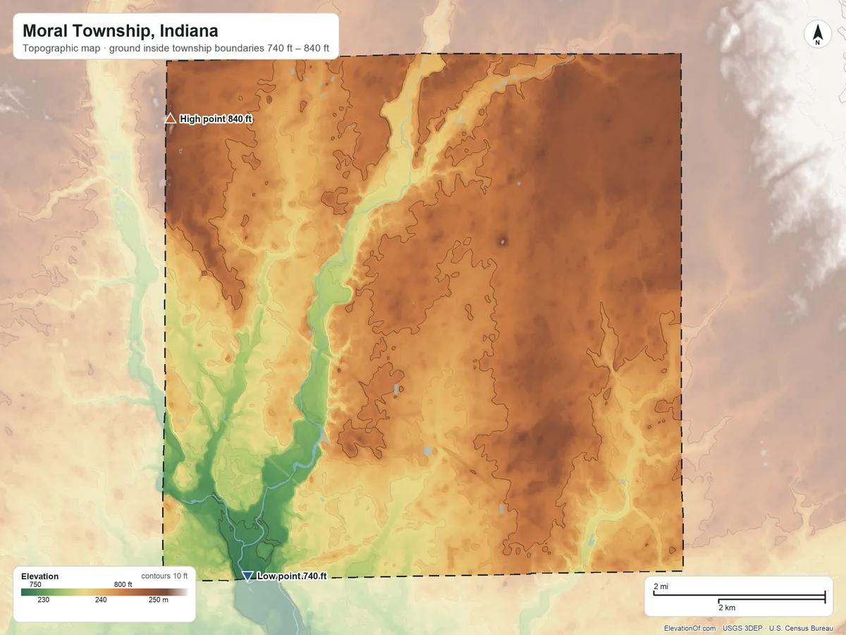 Topographic elevation map of Moral Township, Indiana, shaded from 740 ft on the southwest side to 840 ft on the northwest side