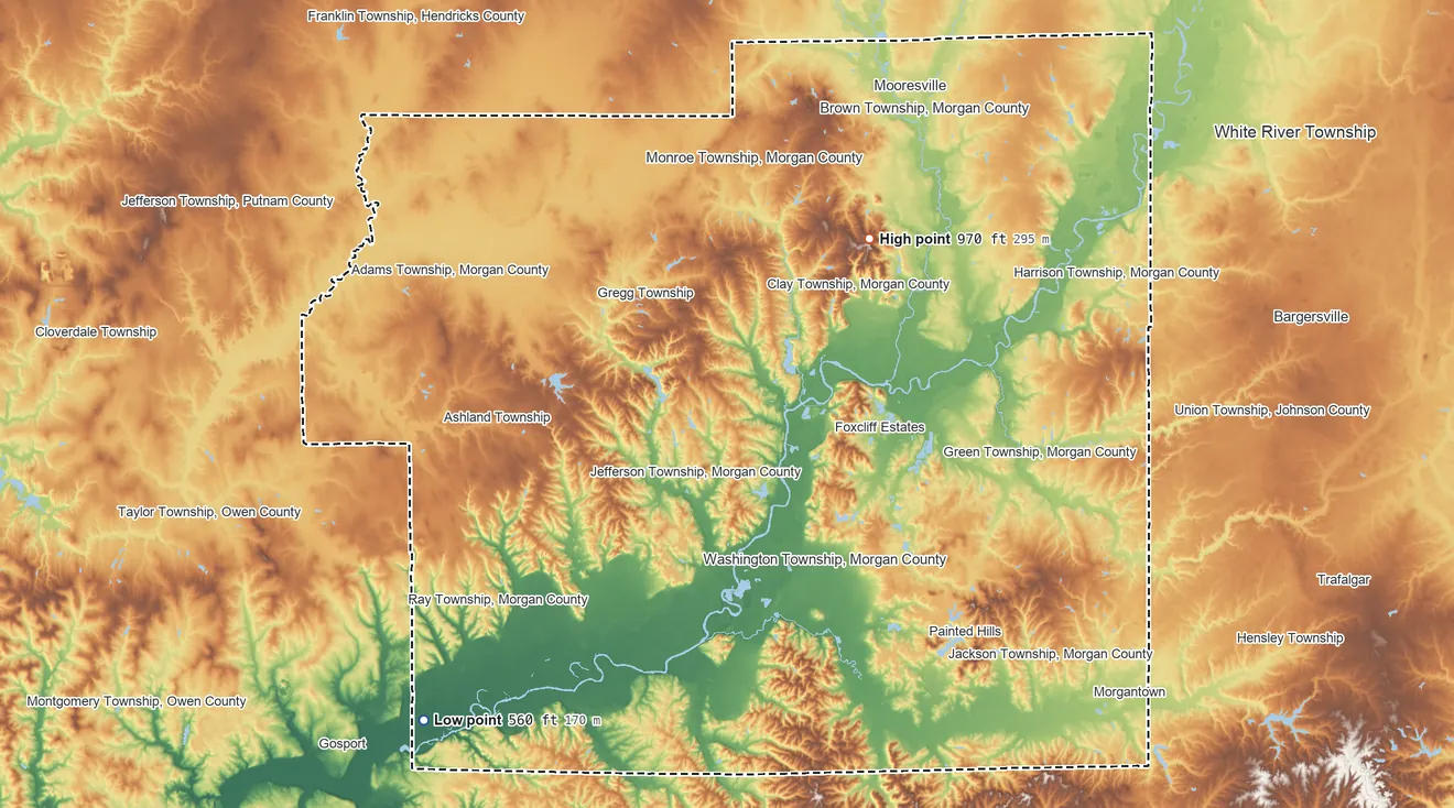 Topographic elevation map of Morgan County, Indiana, shaded from 560 ft on the southwest side to 970 ft on the northeast side