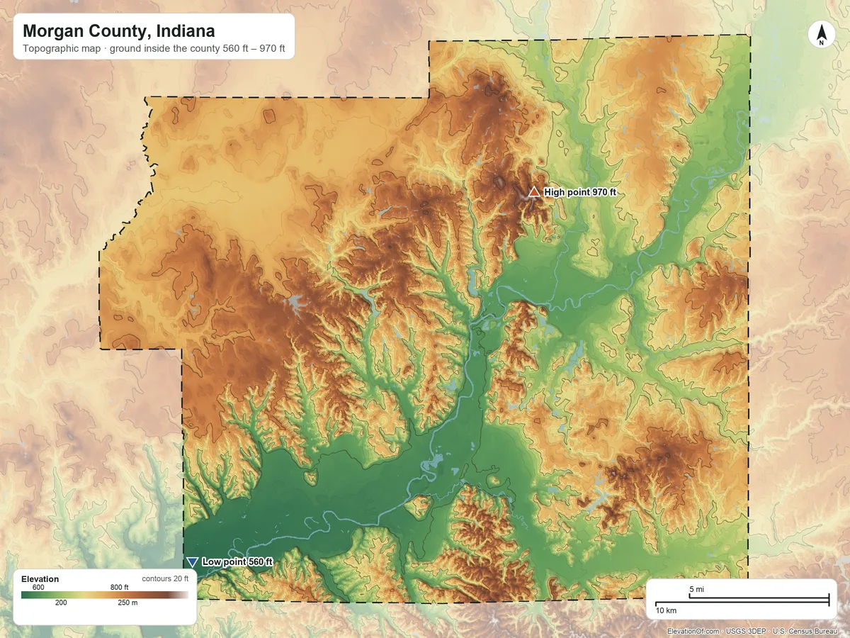 Topographic elevation map of Morgan County, Indiana, shaded from 560 ft on the southwest side to 970 ft on the northeast side
