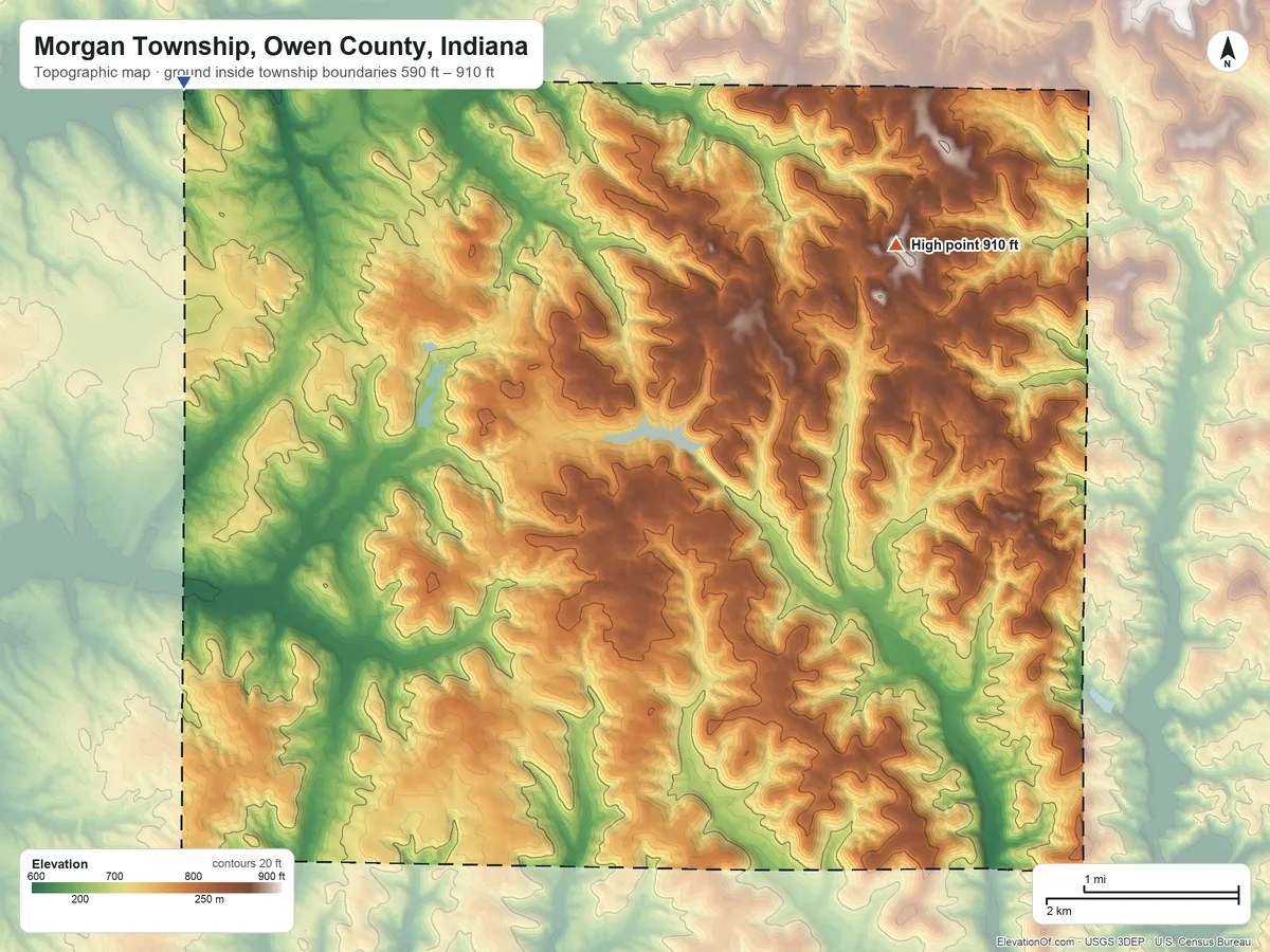 Topographic elevation map of Morgan Township, Owen County, Indiana, shaded from 590 ft on the northwest side to 910 ft on the northeast side