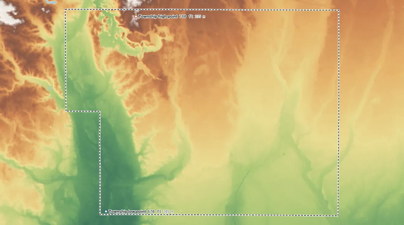 Topographic elevation map of Morgan Township, Porter County, Indiana, shaded from 670 ft on the southwest side to 780 ft on the northwest side