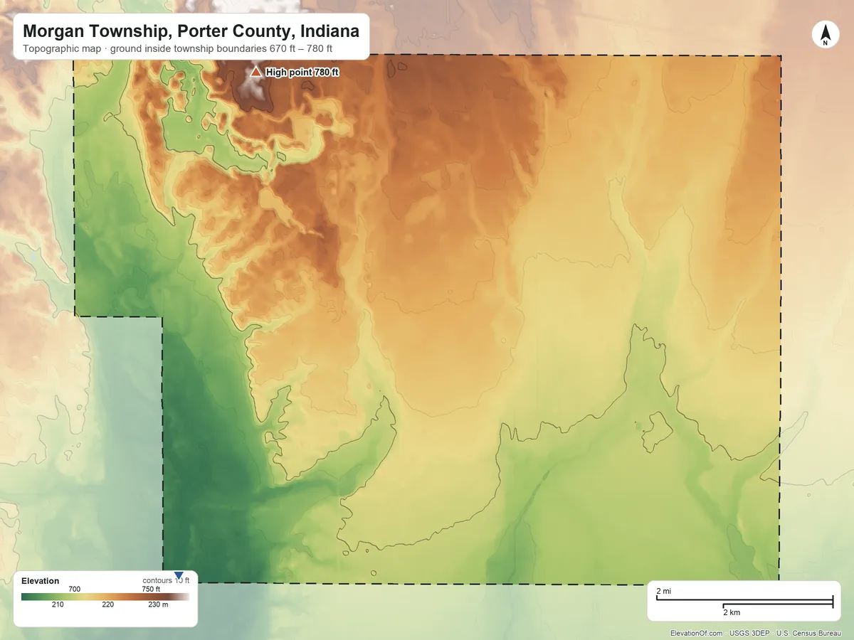Topographic elevation map of Morgan Township, Porter County, Indiana, shaded from 670 ft on the southwest side to 780 ft on the northwest side