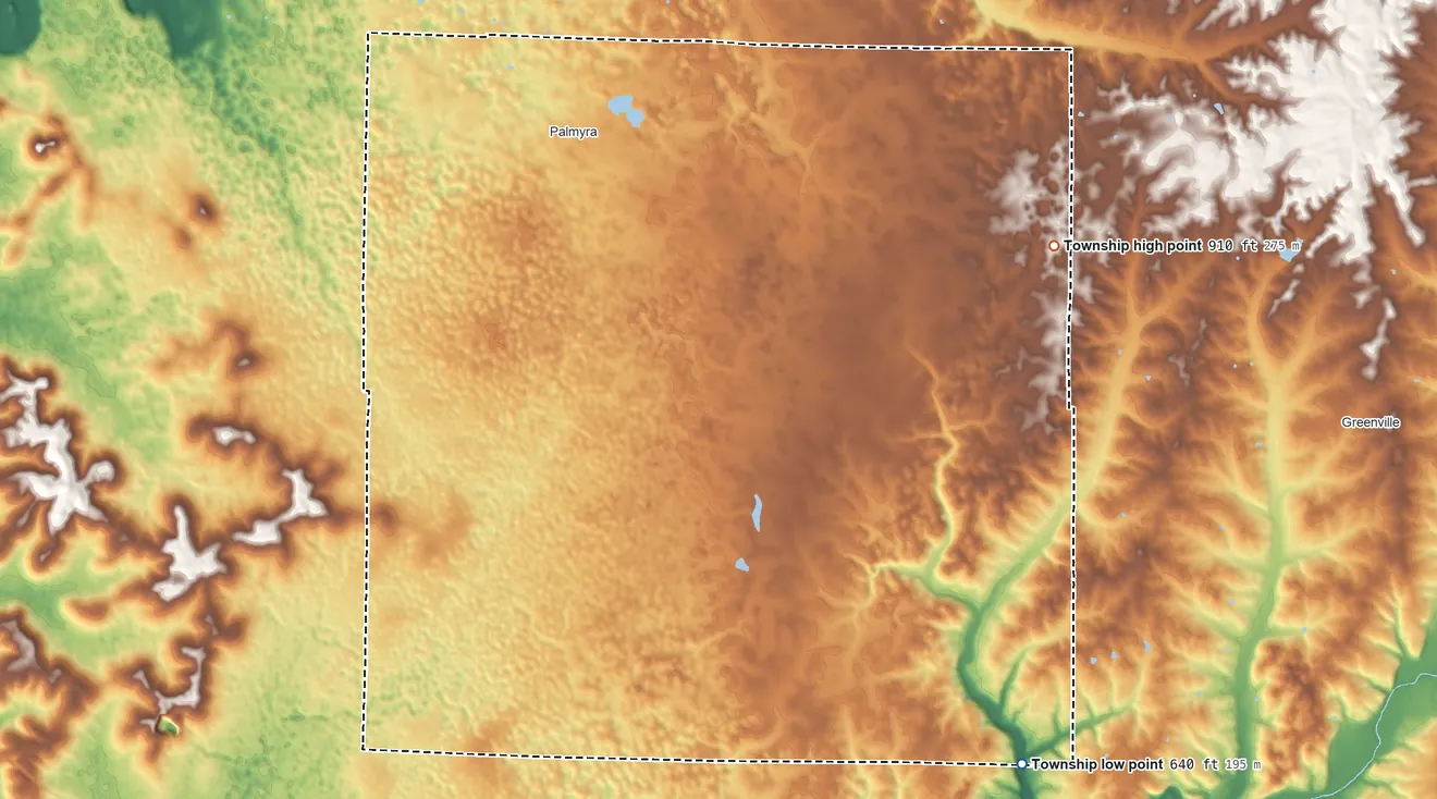 Topographic elevation map of Morgan Township, Indiana, shaded from 640 ft on the southeast side to 910 ft on the east side