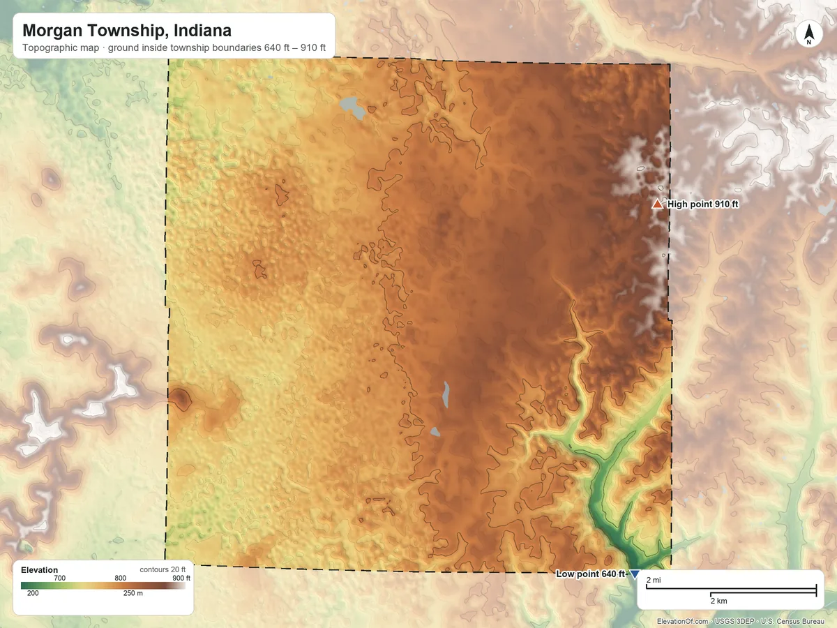 Topographic elevation map of Morgan Township, Indiana, shaded from 640 ft on the southeast side to 910 ft on the east side