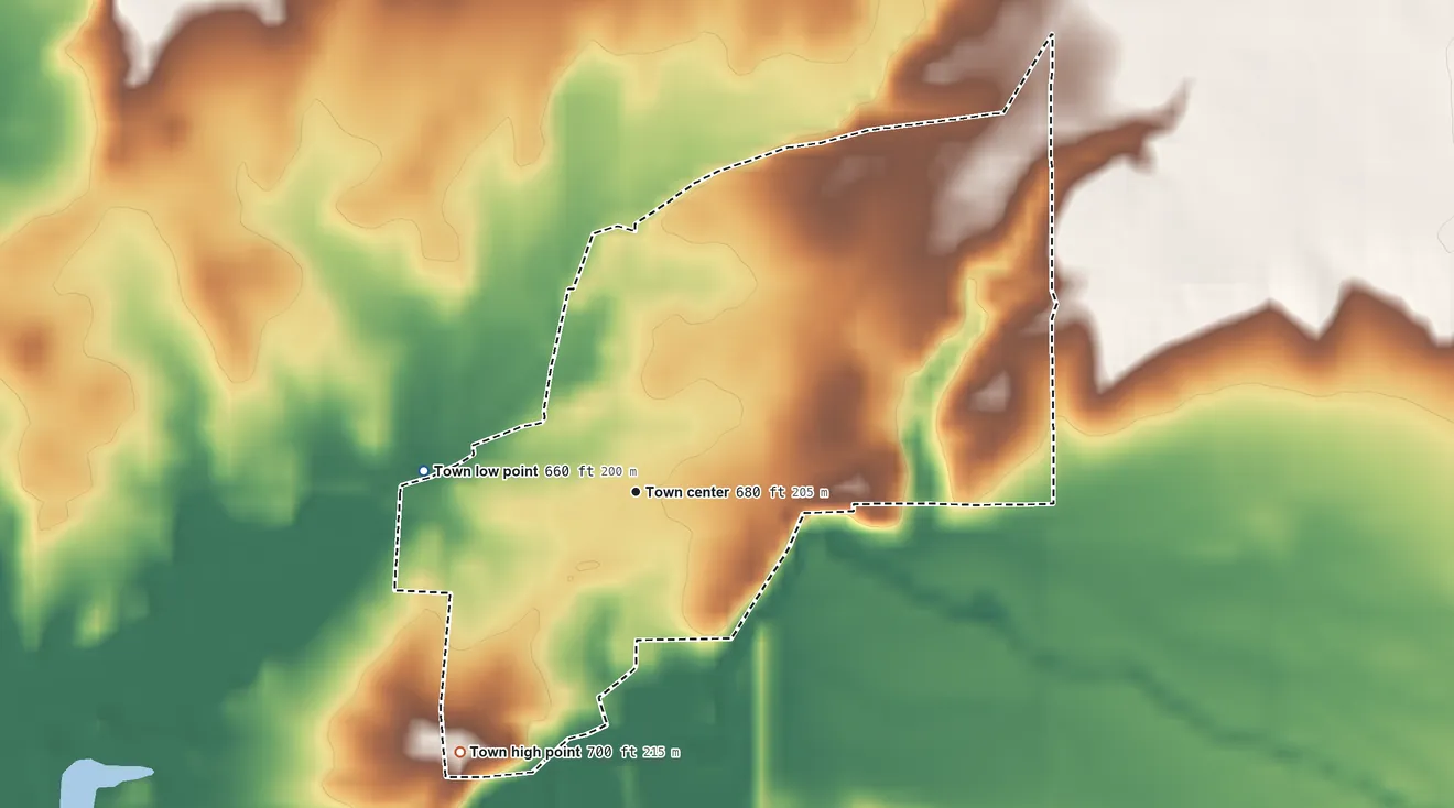 Topographic elevation map of Morgantown, Indiana, shaded from 660 ft on the west side to 700 ft on the southwest side