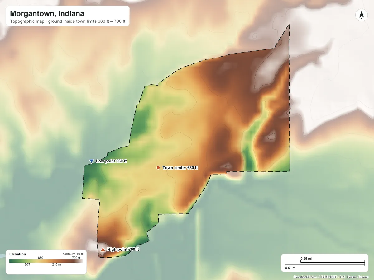 Topographic elevation map of Morgantown, Indiana, shaded from 660 ft on the west side to 700 ft on the southwest side