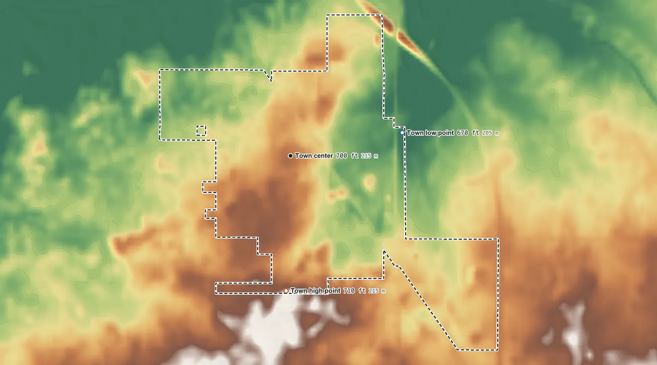 Topographic elevation map of Morocco, Indiana, shaded from 670 ft on the east side to 710 ft on the south side