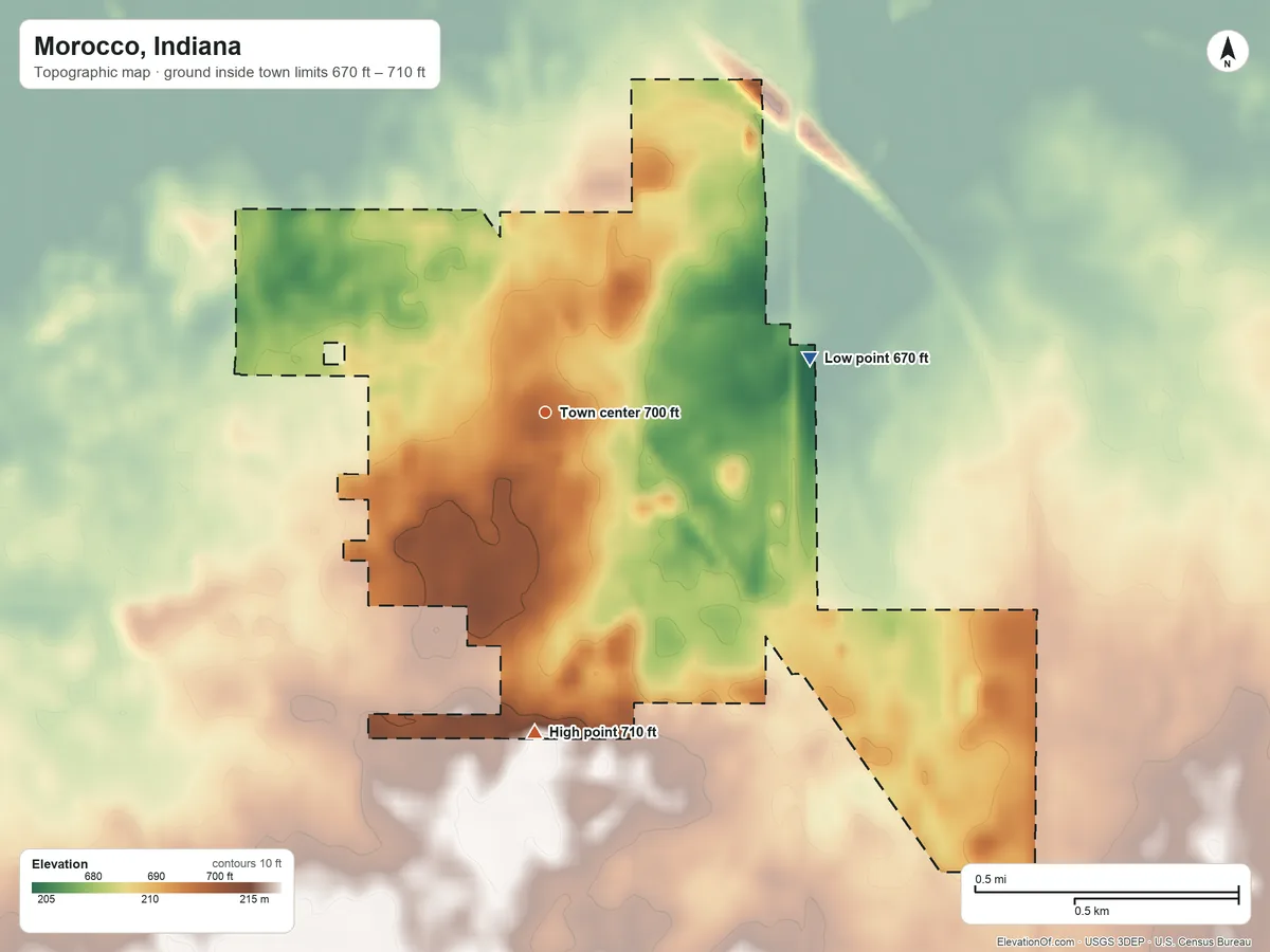 Topographic elevation map of Morocco, Indiana, shaded from 670 ft on the east side to 710 ft on the south side