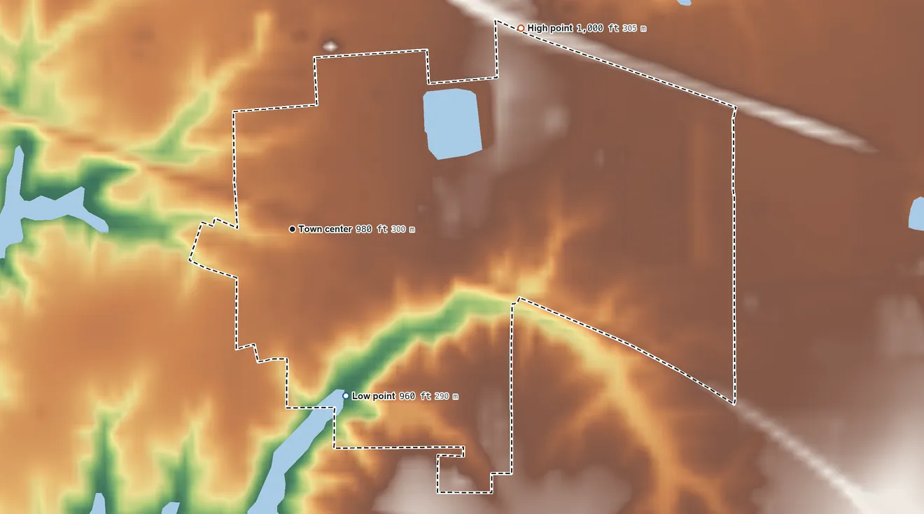 Topographic elevation map of Morris, Indiana, shaded from 960 ft on the south side to 1,000 ft on the northeast side