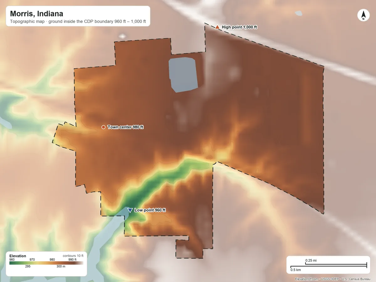 Topographic elevation map of Morris, Indiana, shaded from 960 ft on the south side to 1,000 ft on the northeast side