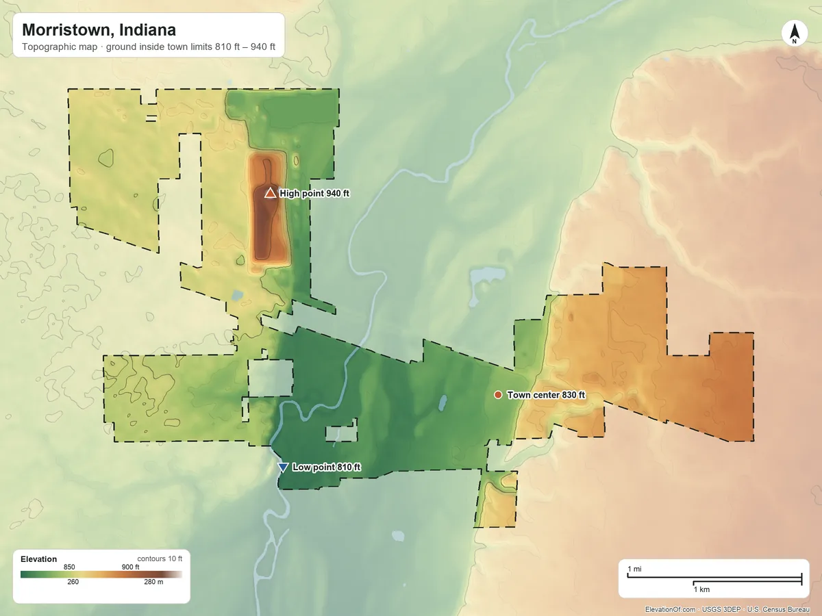 Topographic elevation map of Morristown, Indiana, shaded from 810 ft on the west side to 940 ft on the northwest side