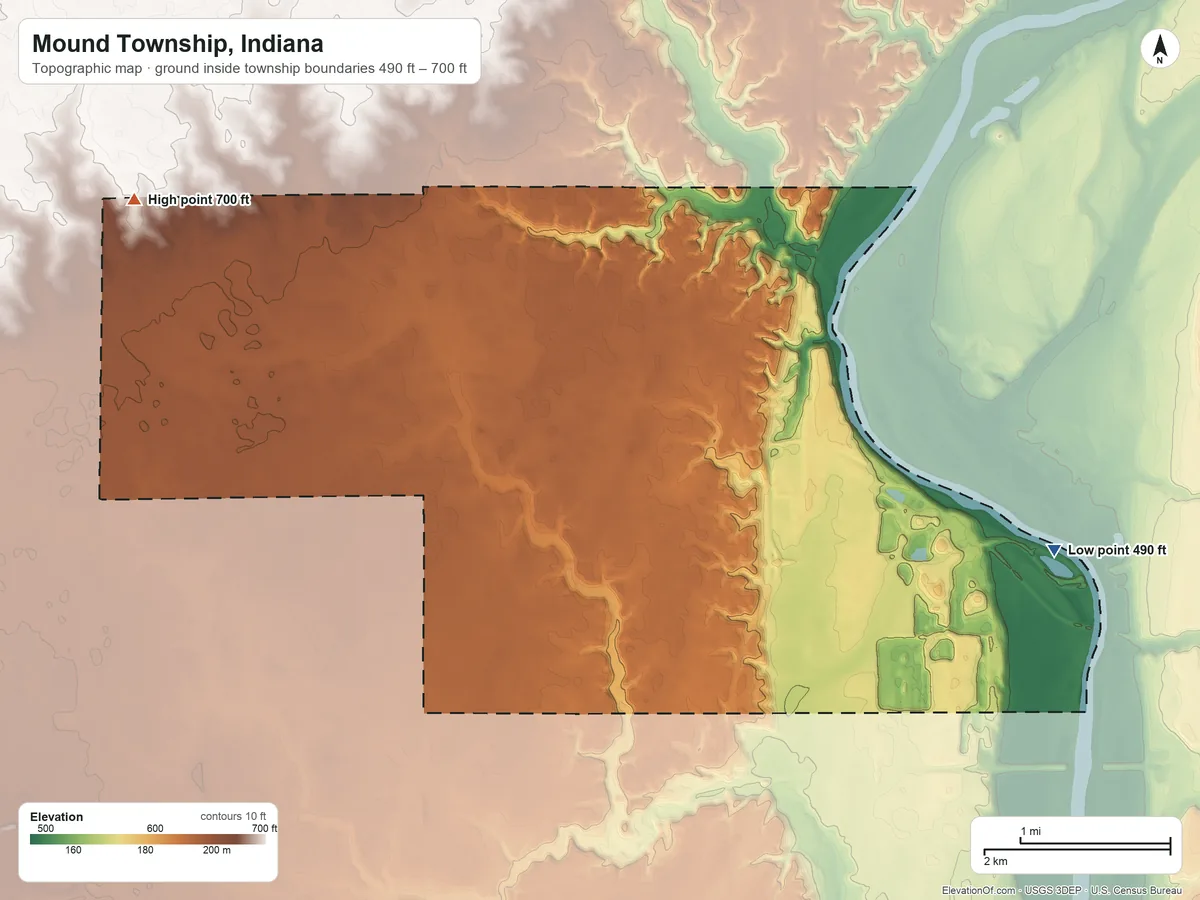 Topographic elevation map of Mound Township, Indiana, shaded from 490 ft on the east side to 700 ft on the northwest side