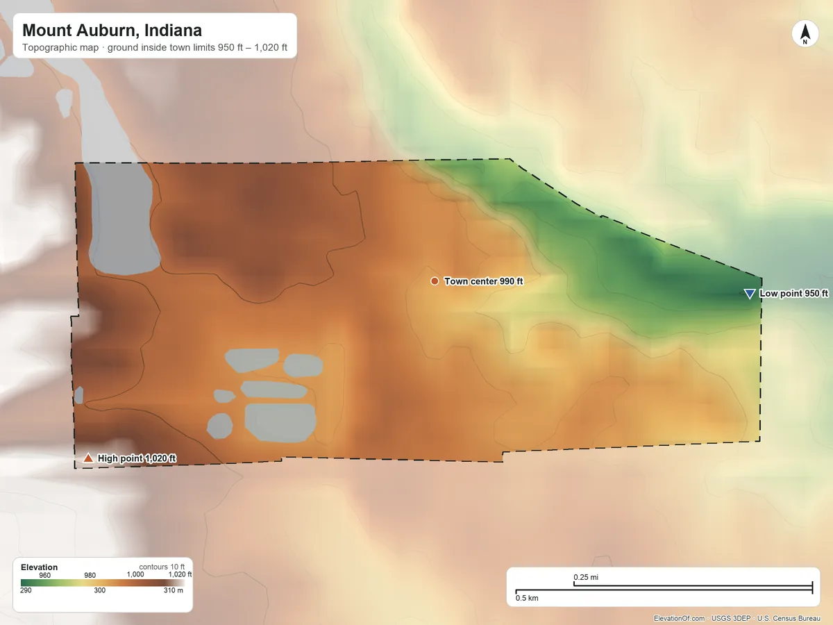 Topographic elevation map of Mount Auburn, Indiana, shaded from 950 ft on the east side to 1,020 ft on the southwest side