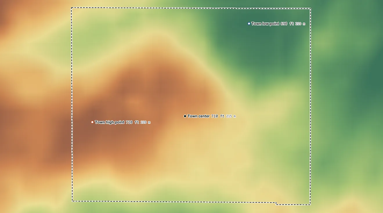 Topographic elevation map of Mount Ayr, Indiana, shaded from 690 ft on the northeast side to 710 ft on the west side