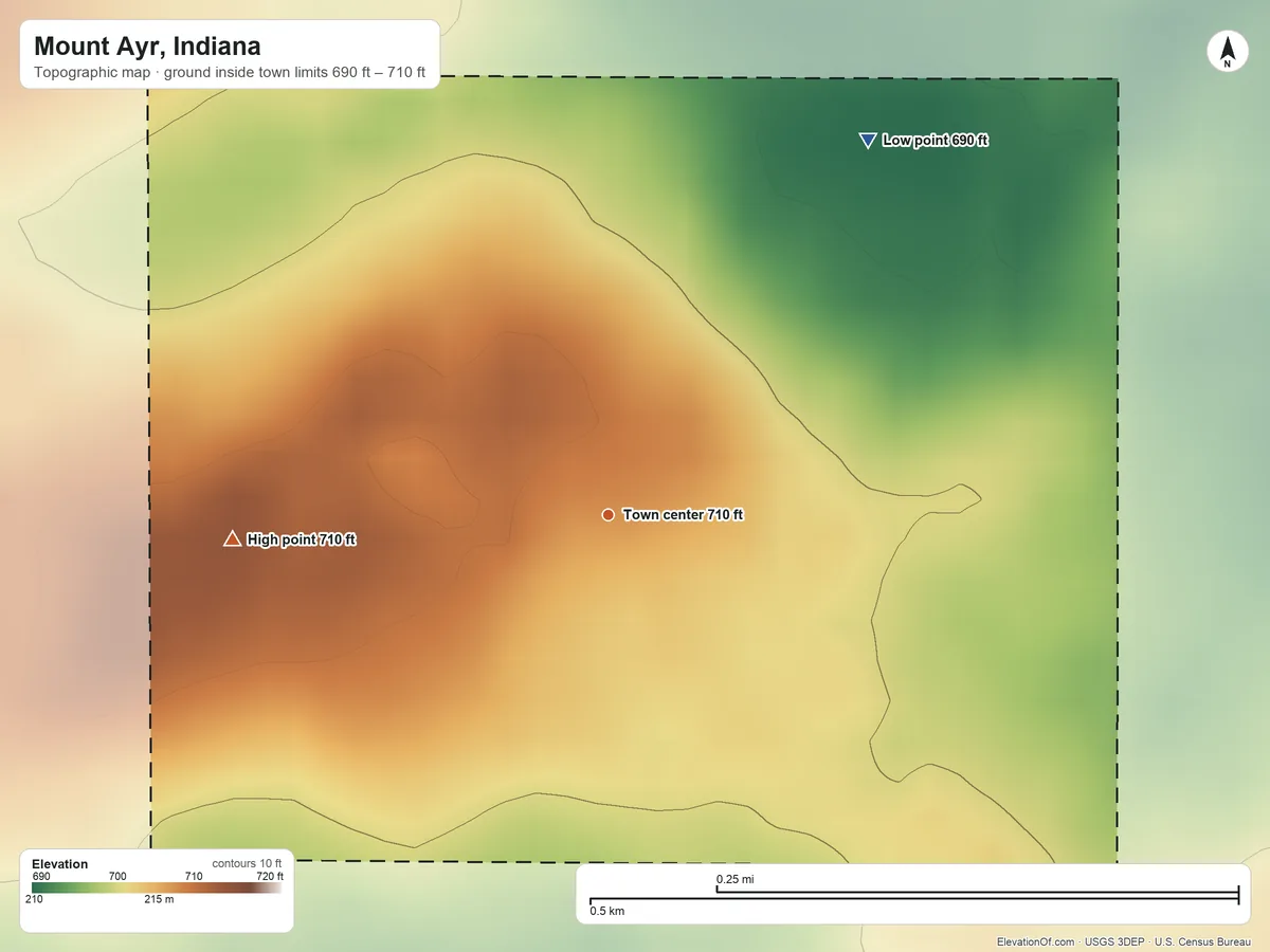 Topographic elevation map of Mount Ayr, Indiana, shaded from 690 ft on the northeast side to 710 ft on the west side