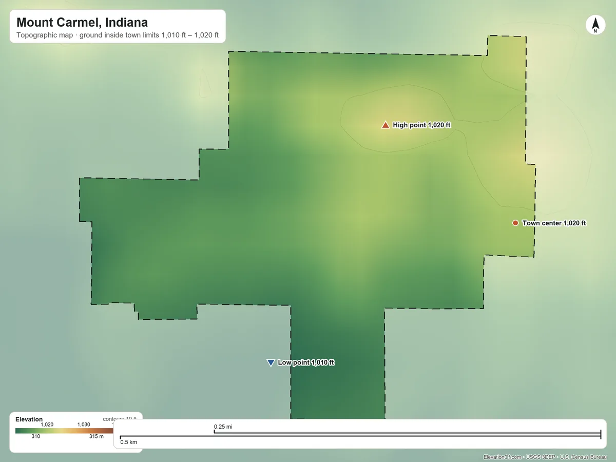 Topographic elevation map of Mount Carmel, Indiana, shaded from 1,010 ft on the southwest side to 1,020 ft on the northwest side