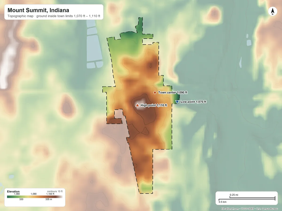 Topographic elevation map of Mount Summit, Indiana, shaded from 1,070 ft on the southeast side to 1,110 ft on the southwest side