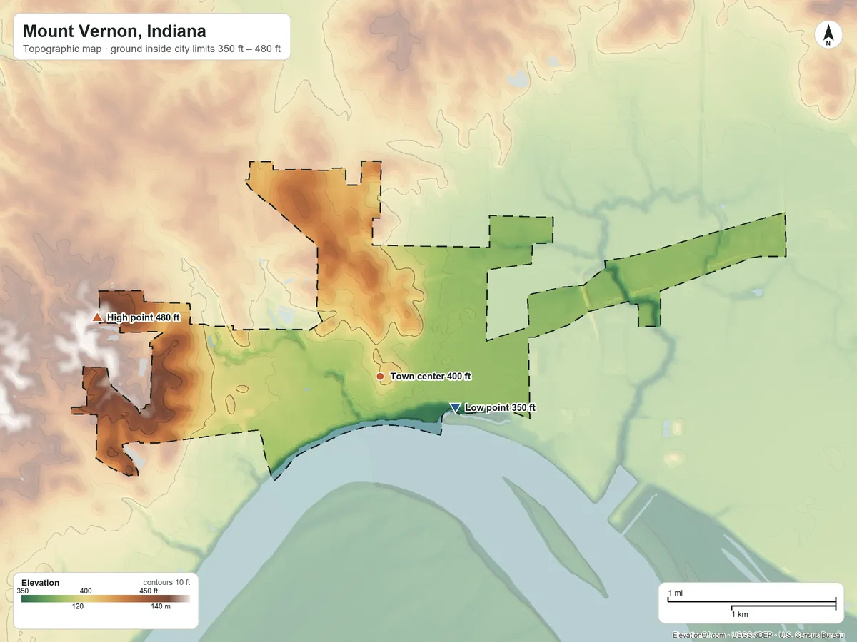 Topographic elevation map of Mount Vernon, Indiana, shaded from 350 ft on the east side to 480 ft on the west side