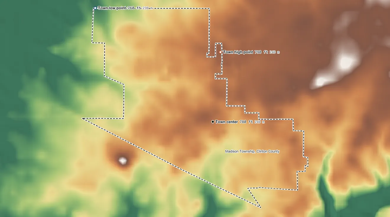 Topographic elevation map of Mulberry, Indiana, shaded from 760 ft on the northwest side to 790 ft on the north side