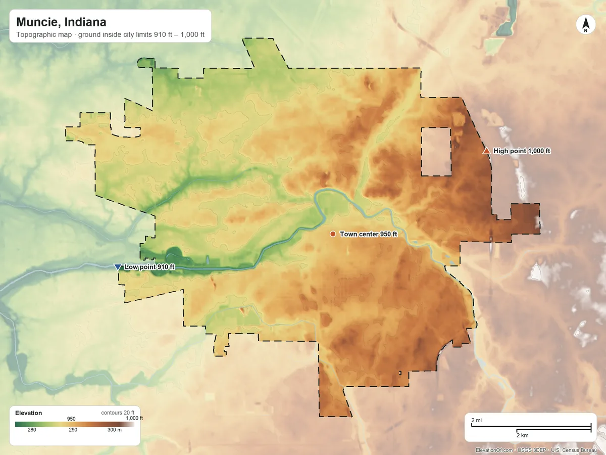 Topographic elevation map of Muncie, Indiana, shaded from 910 ft on the west side to 1,000 ft on the northeast side