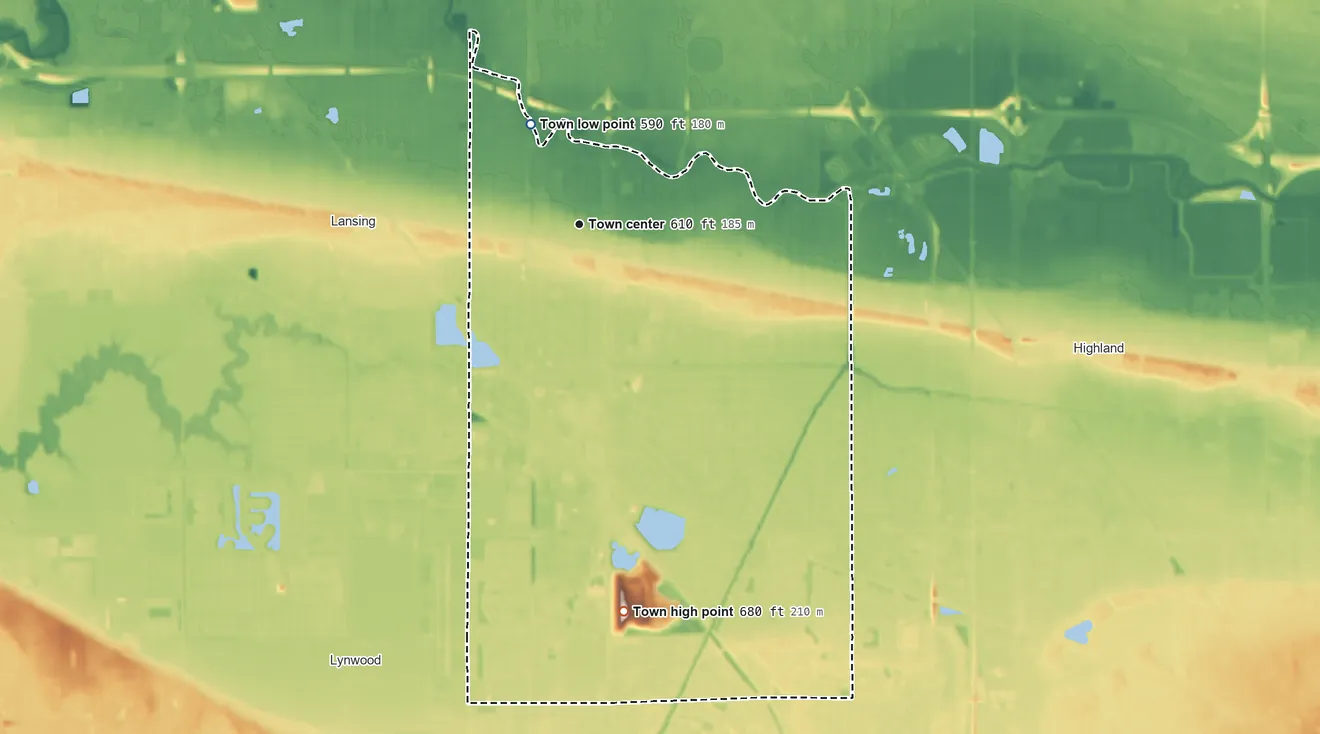 Topographic elevation map of Munster, Indiana, shaded from 590 ft on the northwest side to 680 ft on the south side