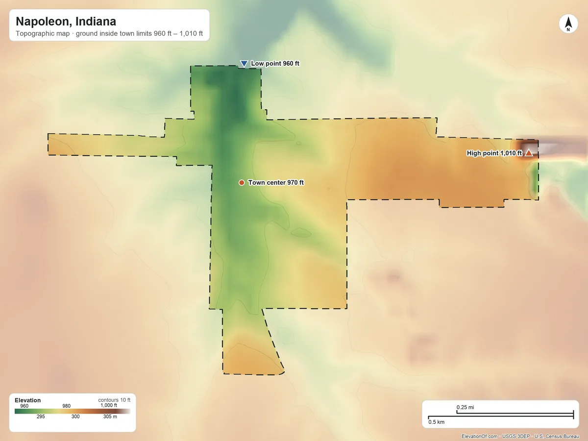 Topographic elevation map of Napoleon, Indiana, shaded from 960 ft on the north side to 1,010 ft on the east side