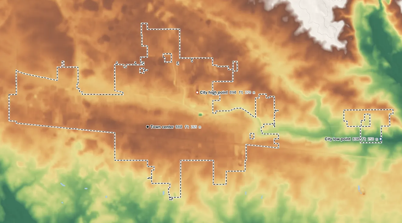 Topographic elevation map of Nappanee, Indiana, shaded from 830 ft on the east side to 890 ft on the northeast side