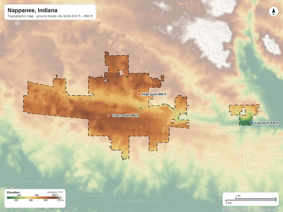 Topographic elevation map of Nappanee, Indiana, shaded from 830 ft on the east side to 890 ft on the northeast side