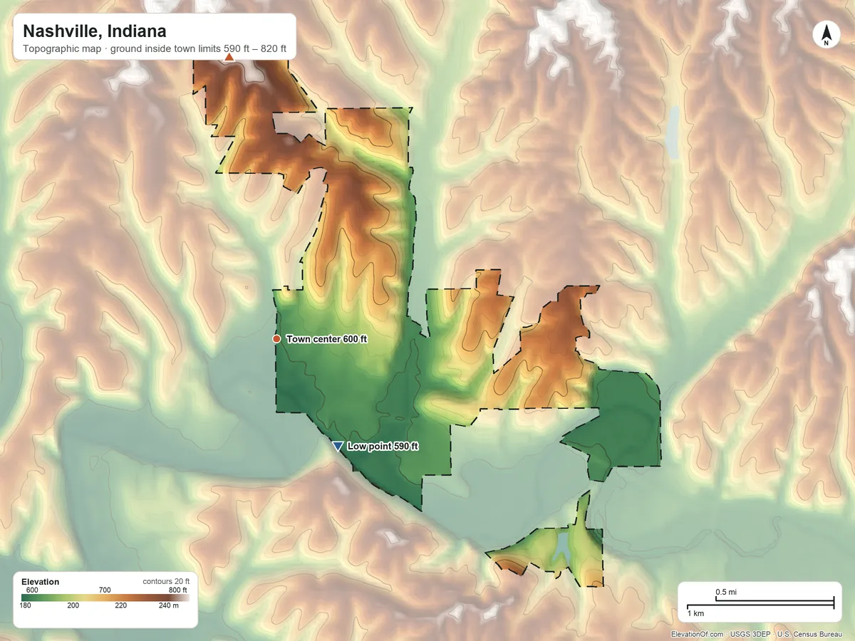 Topographic elevation map of Nashville, Indiana, shaded from 590 ft on the southeast side to 820 ft on the north side