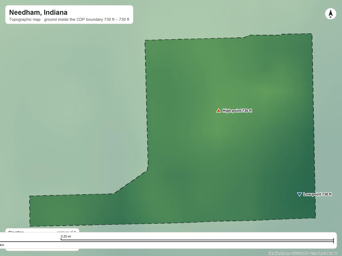 Topographic elevation map of Needham, Indiana, shaded from 730 ft on the southeast side to 730 ft near the middle