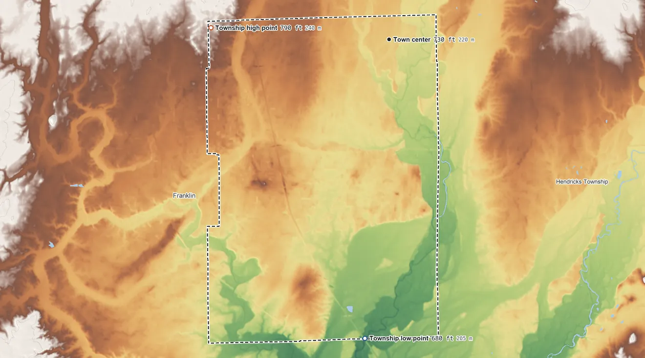 Topographic elevation map of Needham Township, Indiana, shaded from 680 ft on the south side to 790 ft on the west side