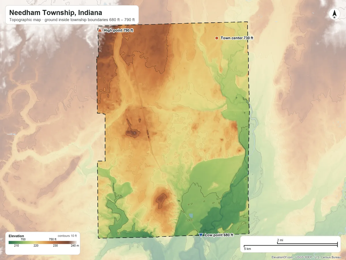 Topographic elevation map of Needham Township, Indiana, shaded from 680 ft on the south side to 790 ft on the west side