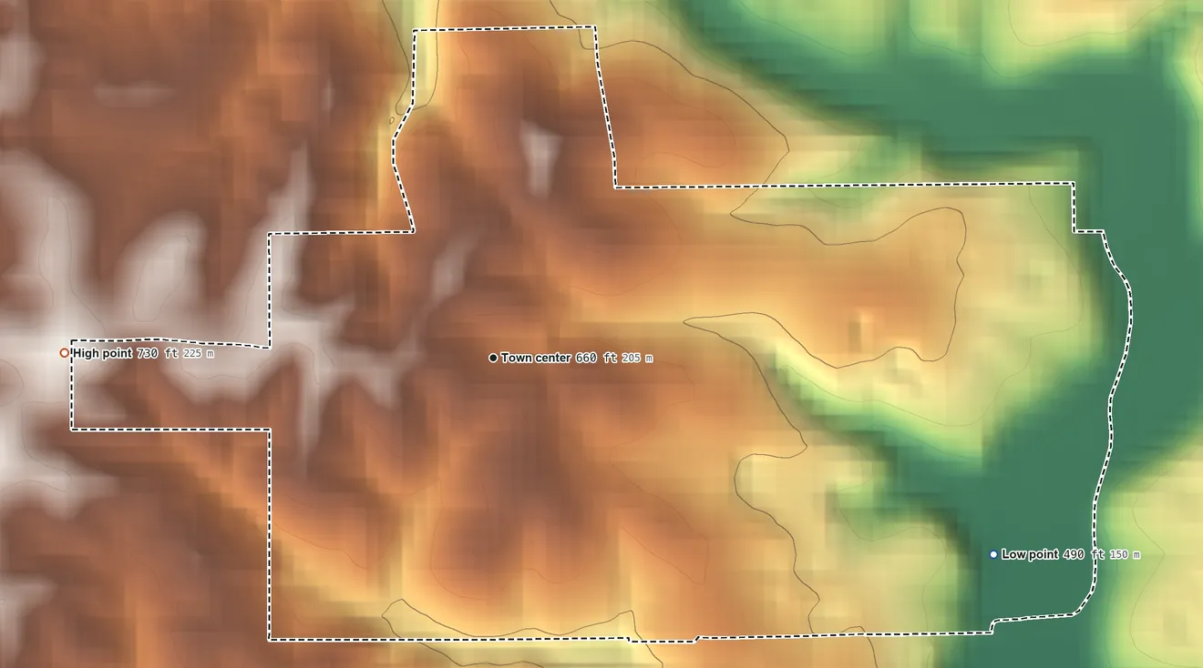 Topographic elevation map of Needmore, Indiana, shaded from 490 ft on the east side to 730 ft on the west side