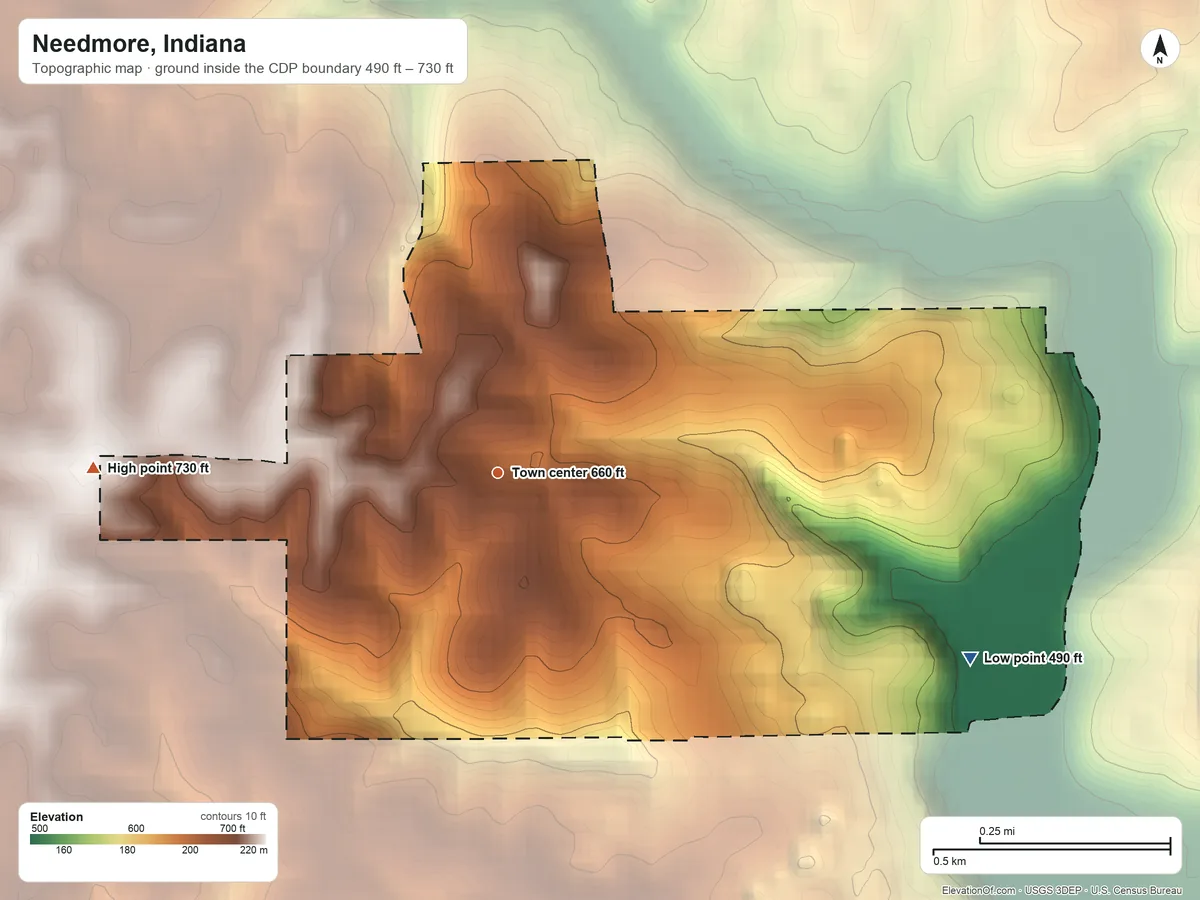 Topographic elevation map of Needmore, Indiana, shaded from 490 ft on the east side to 730 ft on the west side