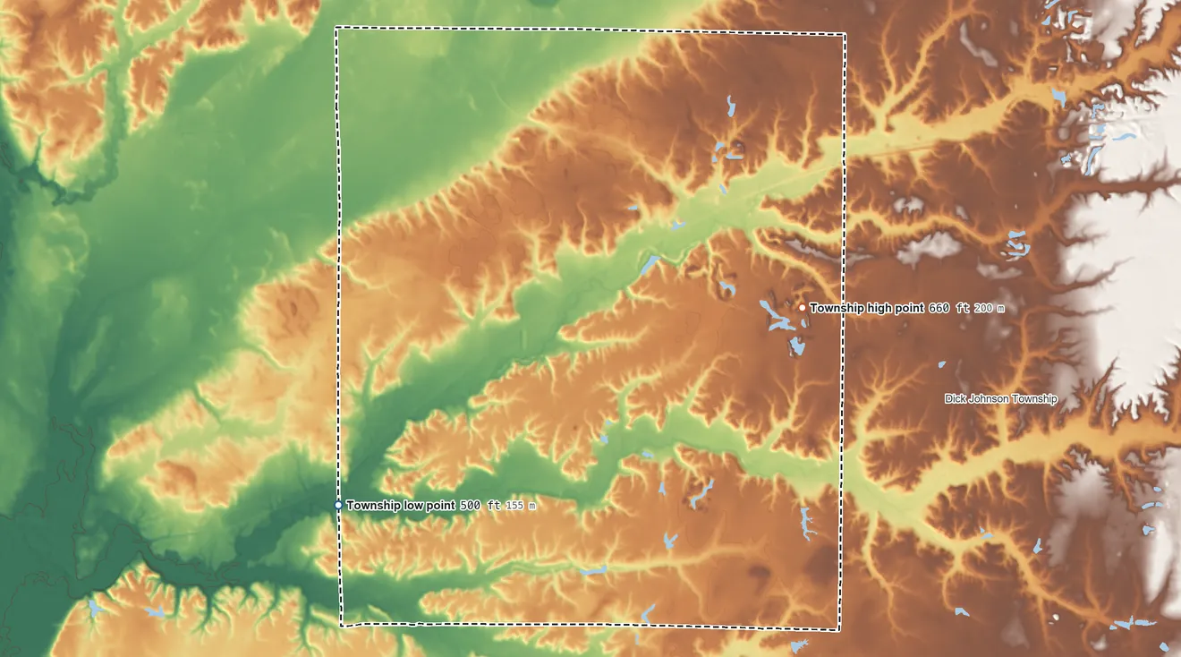 Topographic elevation map of Nevins Township, Indiana, shaded from 500 ft on the southwest side to 660 ft on the east side
