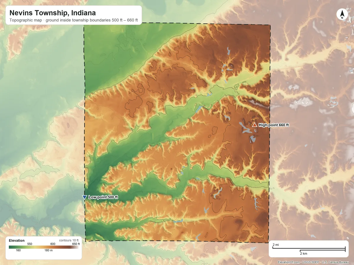 Topographic elevation map of Nevins Township, Indiana, shaded from 500 ft on the southwest side to 660 ft on the east side