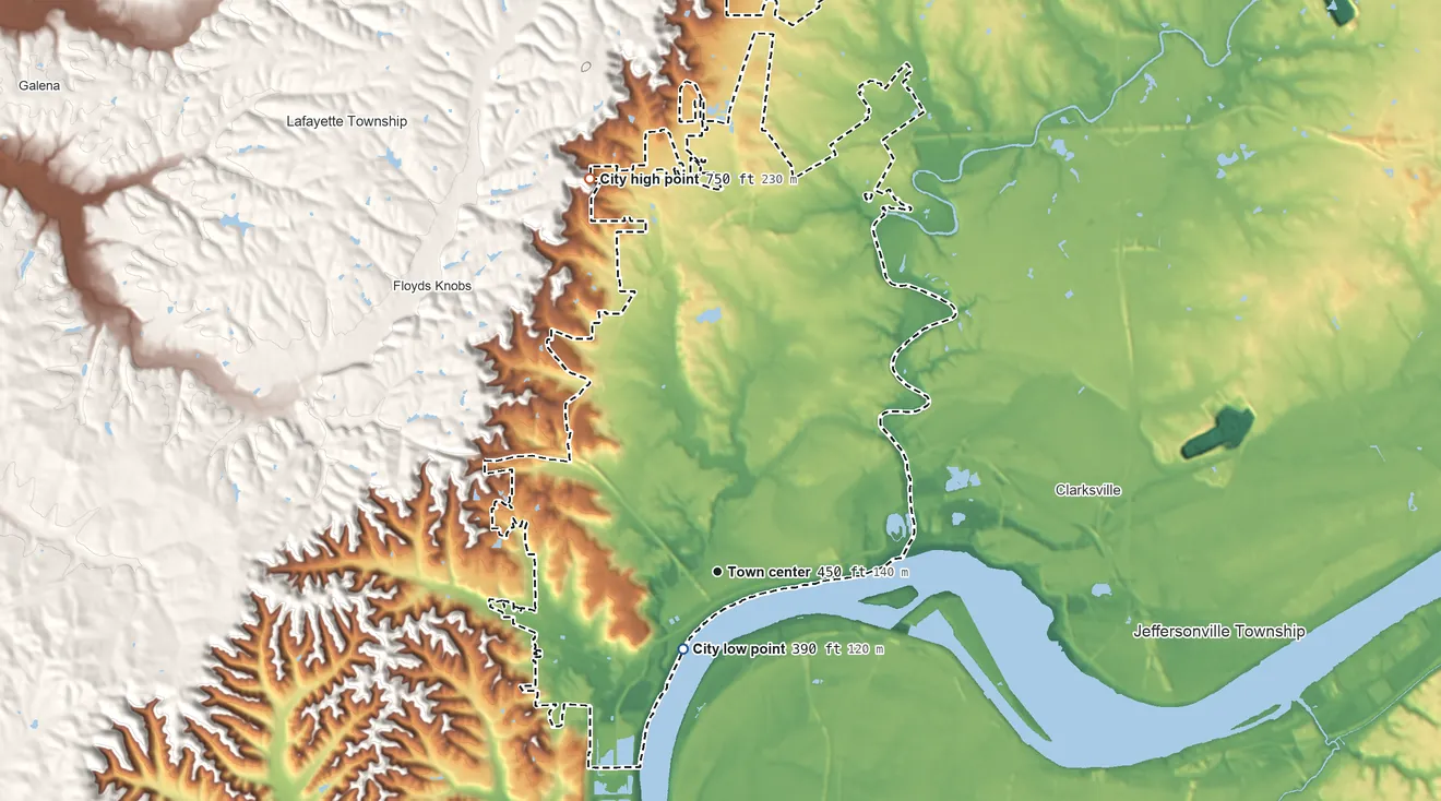 Topographic elevation map of New Albany, Indiana, shaded from 390 ft near the middle to 750 ft on the north edge, below higher ground just outside