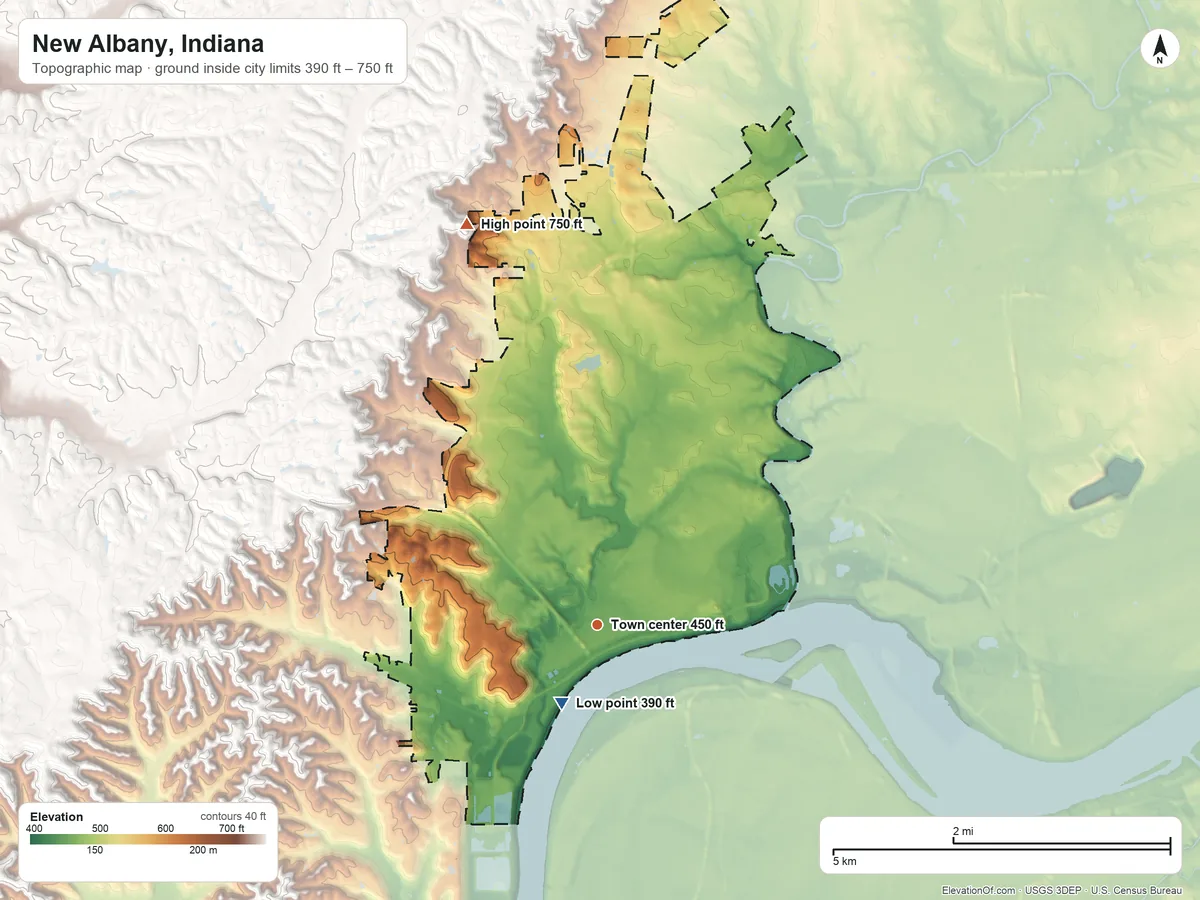 Topographic elevation map of New Albany, Indiana, shaded from 390 ft near the middle to 750 ft on the north edge, below higher ground just outside
