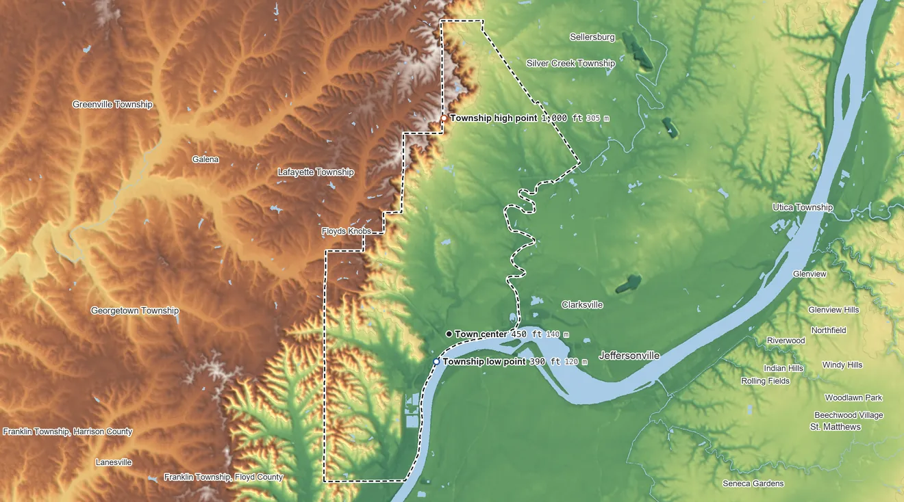 Topographic elevation map of New Albany Township, Indiana, shaded from 390 ft near the middle to 1,000 ft on the north side