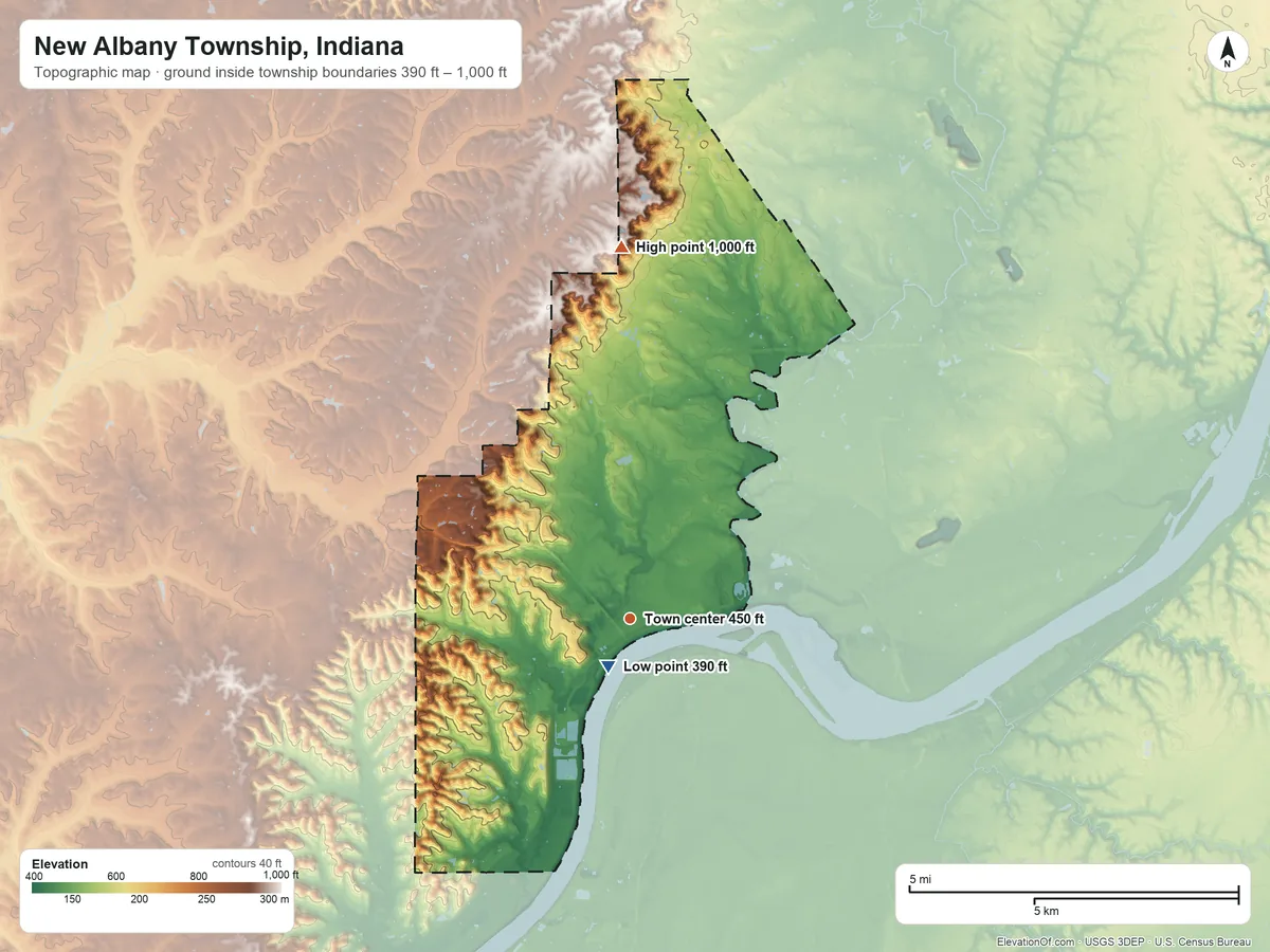 Topographic elevation map of New Albany Township, Indiana, shaded from 390 ft near the middle to 1,000 ft on the north side