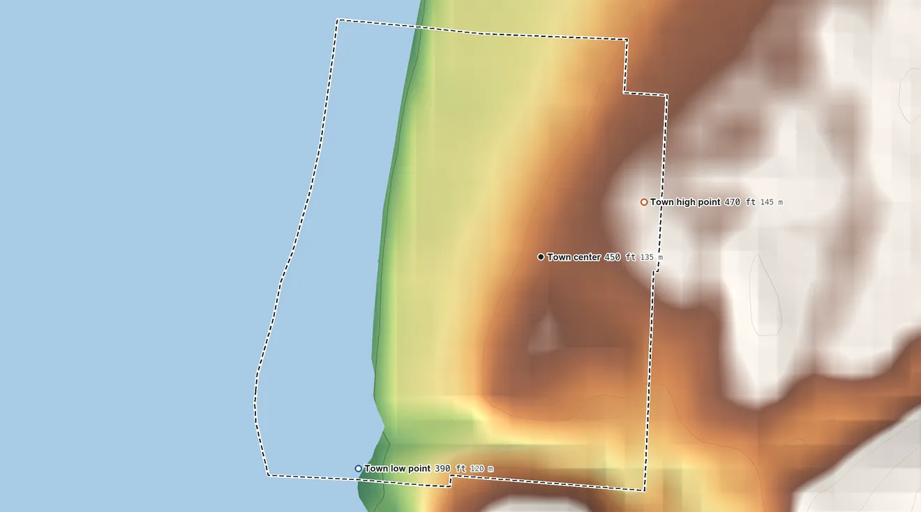 Topographic elevation map of New Amsterdam, Indiana, shaded from 390 ft on the southwest side to 470 ft on the northeast edge, below higher ground just outside