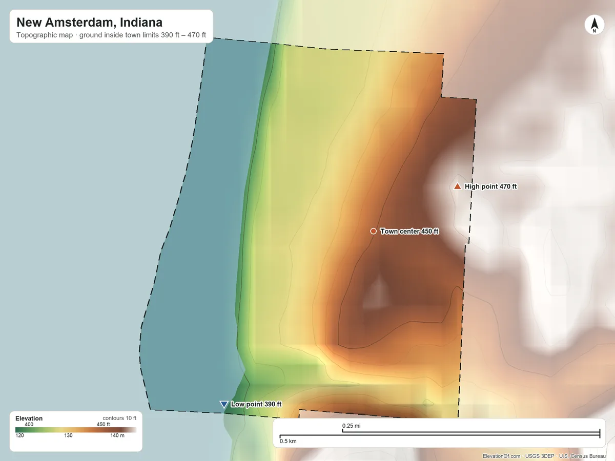 Topographic elevation map of New Amsterdam, Indiana, shaded from 390 ft on the southwest side to 470 ft on the northeast edge, below higher ground just outside