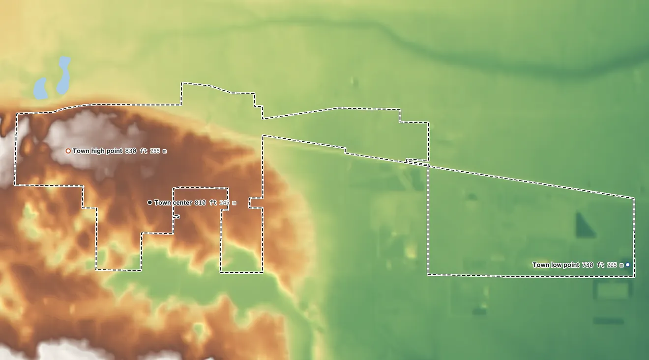 Topographic elevation map of New Carlisle, Indiana, shaded from 730 ft on the east side to 830 ft on the northwest side