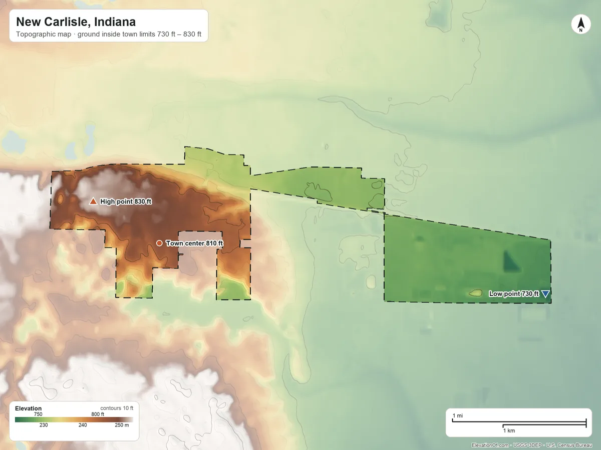 Topographic elevation map of New Carlisle, Indiana, shaded from 730 ft on the east side to 830 ft on the northwest side