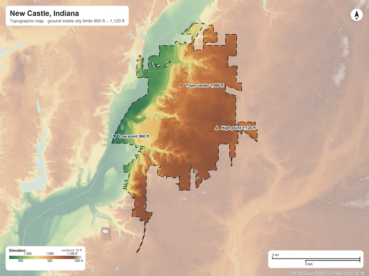 Topographic elevation map of New Castle, Indiana, shaded from 960 ft on the southwest side to 1,120 ft on the southeast side