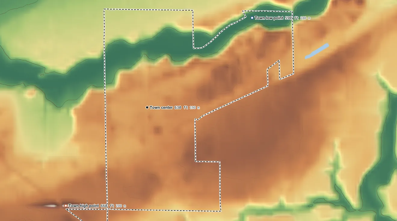 Topographic elevation map of New Chicago, Indiana, shaded from 590 ft on the northeast side to 660 ft on the southwest side