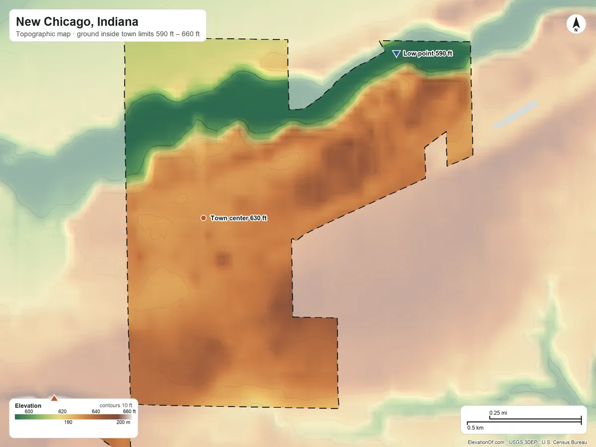 Topographic elevation map of New Chicago, Indiana, shaded from 590 ft on the northeast side to 660 ft on the southwest side
