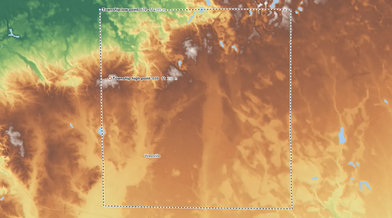 Topographic elevation map of New Durham Township, Indiana, shaded from 670 ft on the northwest side to 880 ft on the northwest side