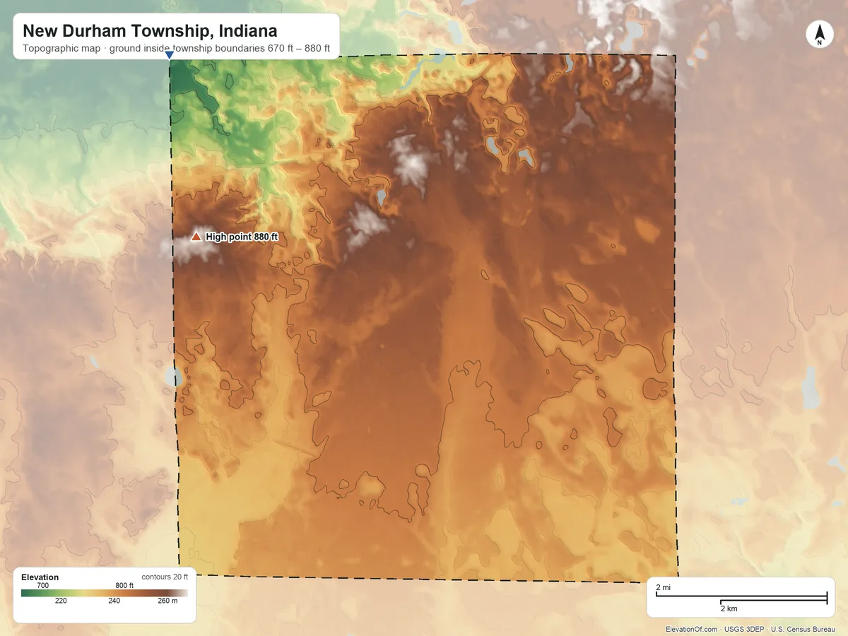 Topographic elevation map of New Durham Township, Indiana, shaded from 670 ft on the northwest side to 880 ft on the northwest side