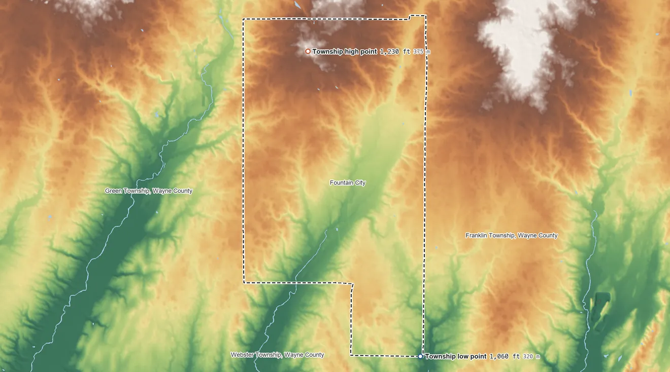 Topographic elevation map of New Garden Township, Indiana, shaded from 1,060 ft on the southeast side to 1,230 ft on the north side